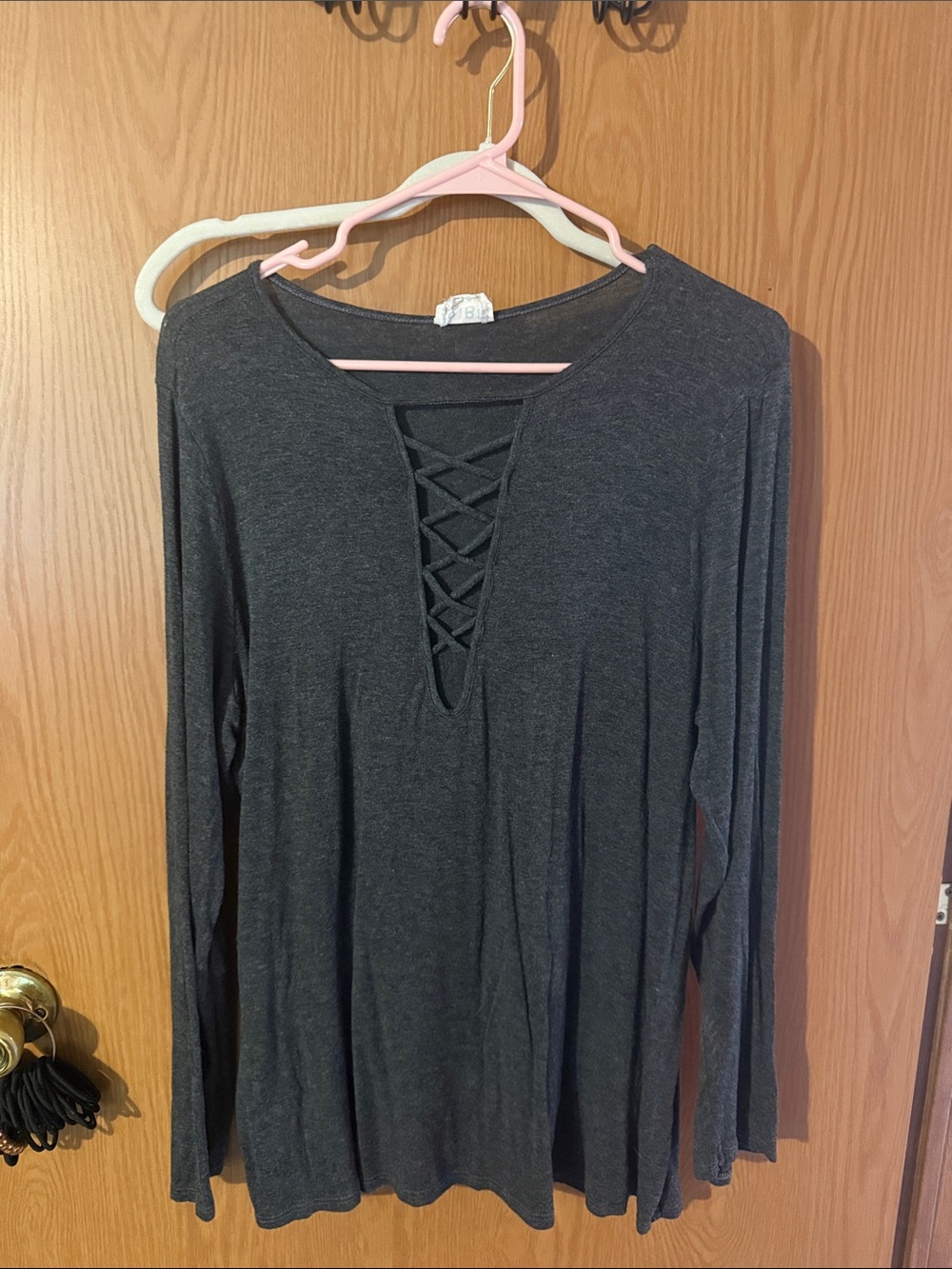 Women's Charcoal Criss-Cross V-Neck Long Sleeve Top